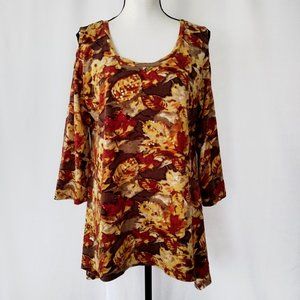 Collections Etc Autumn Leaf Print Cold Shoulder Hankerchief Hem Blouse